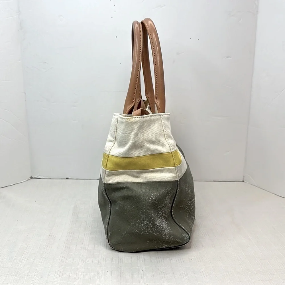 Tory Burch logo color block canvas with leather trim tote